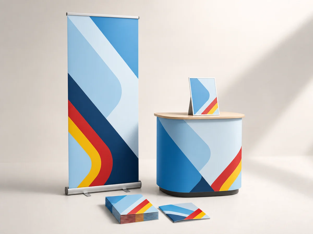 Abgestimmte Messeausstattung mit Roll-up, Theke und Drucksachen